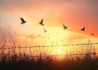 silhouettes of birds flying over tall grass and barbed wire fence during a warm sunset with colorful sky