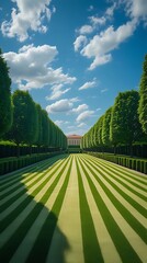 Symmetrical garden with striped lawn and precisely trimmed trees leading to a classical structure under a vivid sky, representing landscape design, order, and natural beauty
