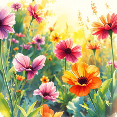 Fototapeta premium Vibrant colorful flower garden with visible brushstrokes and soft lighting – artistic impressionist style painting 
