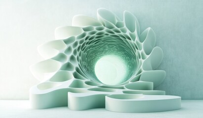 Abstract light green tunnel with smooth curved and layered hollow shapes creating a spiral effect, set against a textured pale wall, evoking a sense of depth and calm
