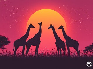 Silhouettes of giraffes at sunset