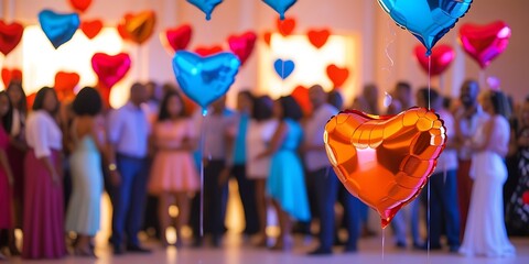 Colorful heart-shaped balloons floating above a cheerful crowd at an indoor celebration, capturing the joyful spirit of love, romance, togetherness, and festive atmosphere
