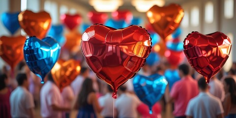 Colorful heart-shaped balloons floating above a cheerful crowd at an indoor celebration, capturing the joyful spirit of love, romance, togetherness, and festive atmosphere
