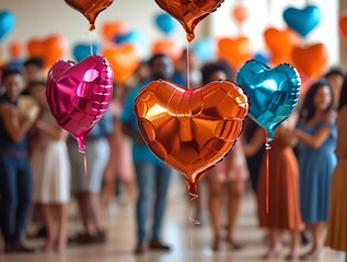 Colorful heart-shaped balloons floating above a cheerful crowd at an indoor celebration, capturing the joyful spirit of love, romance, togetherness, and festive atmosphere
