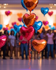 Colorful heart-shaped balloons floating above a cheerful crowd at an indoor celebration, capturing the joyful spirit of love, romance, togetherness, and festive atmosphere
