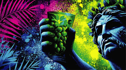 Vibrant Vector Illustration of Greek God Dionysus Holding Glass Filled with Grapes and Leaves Surrounded by Neon Colors Palm Leaves Mythology Nature Artistic Background