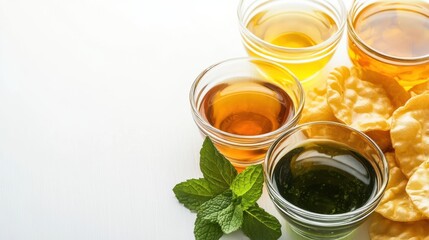 Various Sauces and Dips Accompanied by Crispy Snacks on a White Surface