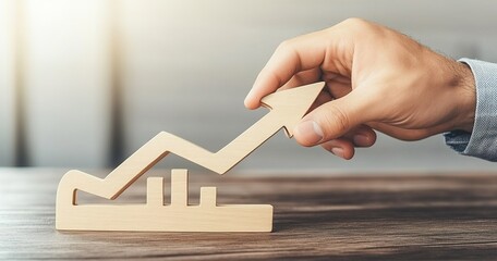 Hand Pushing Wooden Growth Arrow On Light Brown Wooden Table