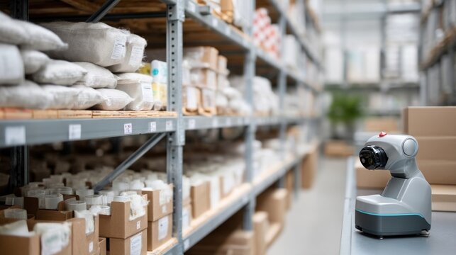 A robot pauses midtask its camera lens oriented toward a newly installed shelving unit demonstrating its capacity for perspectiveshifting and dynamic labeling of products.