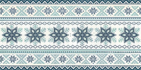 Seamless Nordic Fair Isle Pattern with Snowflake Motifs in Blue and Green Hues