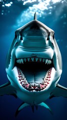 Close-up of a great white shark underwater with mouth wide open, showcasing sharp teeth and aggressive expression, symbolizing danger, marine life, and apex ocean predator
