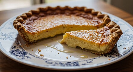 Delicious Homemade Custard Pie With A Slice Removed On A Decorative Plate