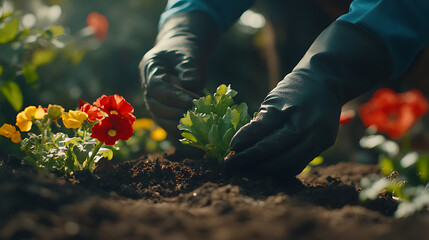 Fototapeta premium Gardener Planting Flowers in Soil