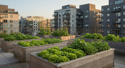 Fototapeta premium Urban Rooftop Garden: Fresh Veggies, City Views! Lettuce, Herbs & More Growing in Raised Beds - Sustainable Living in the City