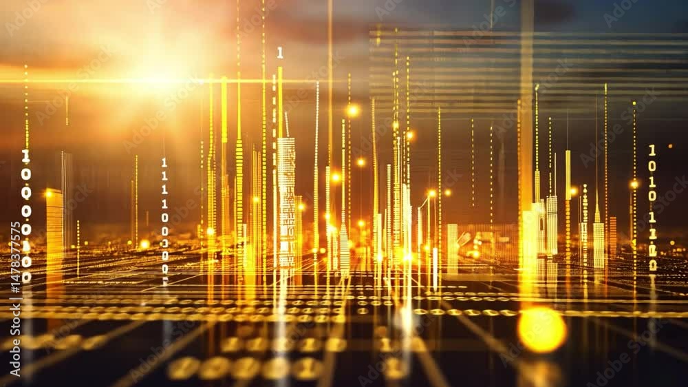 Poster digital data visualization glowing binary code and abstract city skyline showcasing technology and i
