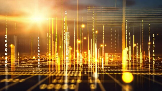 Digital Data Visualization Glowing Binary Code and Abstract City Skyline Showcasing Technology and Innovation in Futuristic Atmosphere