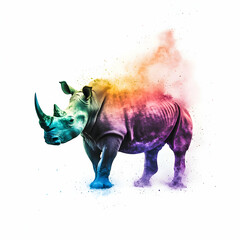 Vibrant rhino portrait with dynamic color bursts on a plain background