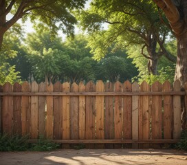 Fototapeta premium Rustic wooden fence poster mockup, park setting, sunlight, promotion