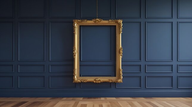 Elegant empty golden baroque picture frame mounted on a dark navy blue paneled wall, combining luxury interior design with classic vintage art aesthetics and rich decorative style
