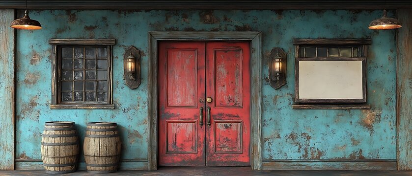 Rustic storefront facade with weathered turquoise walls and a red door