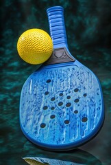 blue pickleball paddle and yellow pickleball ball on a reflective surface with a teal textured background