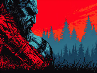 Powerful Warrior Vector Illustration in Bold Red and Blue Colors Against Dramatic Forest Silhouette Background Symbolizing Strength War and Determination in Fantasy Art