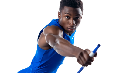 Relay runner captured in mid sprint transferring baton with full focus and agility isolated on white background PNG