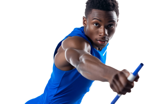 Relay runner captured in mid sprint transferring baton with full focus and agility isolated on white background PNG