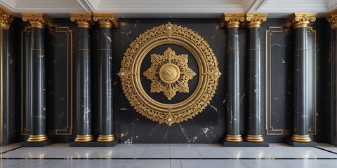 Luxurious interior design featuring a grand gold ornamental medallion on black marble columns with elegant white veining, combining classical architecture with royal opulence and symmetry
