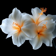 Three luminous white flowers with orange centers against a black backdrop