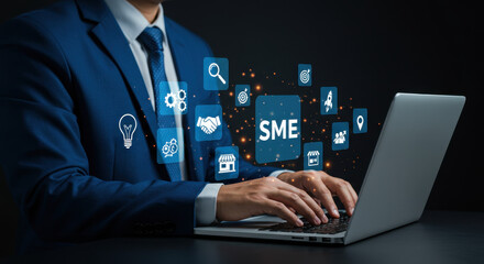 SME Growth Strategy: Business Man Using Laptop, Visualizing Success. Digital Solutions for Small Business Expansion.