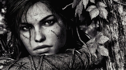 Vector Illustration Portrait of Female Warrior with Battle Scars in Detailed Digital Art Style Depicting Female Strength Survival and Nature in Monochrome Background