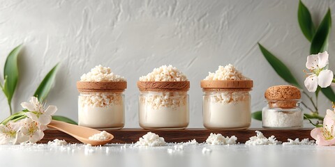 Small jars of creamy dessert topped with shredded flakes