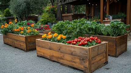 Rustic garden planters with flowers, and peppers.