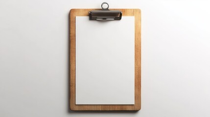 Blank white sheet of paper clipped on wooden clipboard on white surface, minimal and clean workspace concept