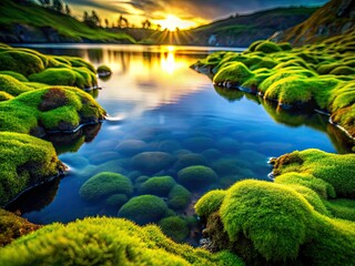 Mossy Water Border Silhouette, Natural Pool Silhouette Photography, Green Moss Silhouette, Nature Pool Silhouette