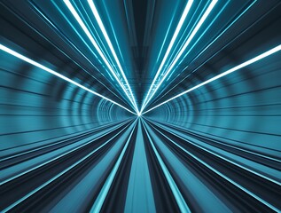 Dynamic abstract view of a fast-moving train or hyperloop tunnel with vanishing point perspective, ideal for themes of travel, future, energy, and high-tech infrastructure


