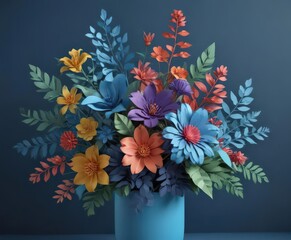 Obraz premium Colorful paper cut floral arrangement on blue, copy space, paper craft, paper flowers