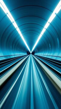 Futuristic high-speed tunnel in motion blur with glowing blue lights, symbolizing technology, speed, innovation, transportation, and the concept of digital transformation

