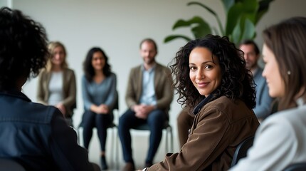 Group therapy or counseling session with people seated in a circle, highlighting teamwork, emotional support, diversity, and personal growth in a safe and inclusive space


