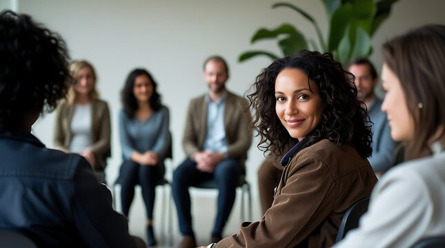 Group therapy or counseling session with people seated in a circle, highlighting teamwork, emotional support, diversity, and personal growth in a safe and inclusive space


