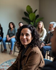 Confident woman smiling at camera while sitting in a support or discussion group session with diverse people, symbolizing connection, trust, mental health, and community support

