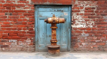 Rusty fire hydrant with brick wall.