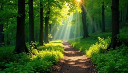 Obraz premium Sun dappled forest path winding through lush green trees , exploration, dirt path