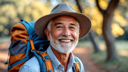 Smiling senior man in hat and backpack outdoors