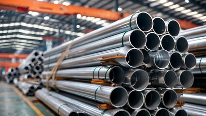Stacked steel and aluminum pipes awaiting shipment