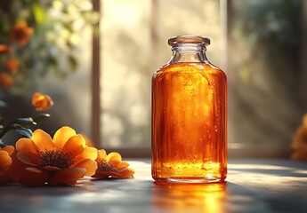 Glass Bottle Mockup with Amber Liquid and Orange Flowers on Soft Background

