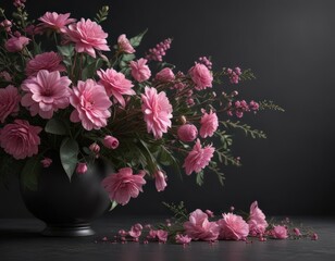 Fototapeta premium Elegant pink floral arrangement on a dark background, classic, memorial, sympathy