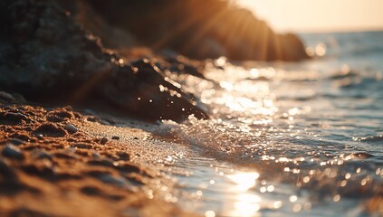 Golden Sunset Beach Scene With Sparkling Water