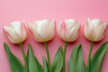 Fototapeta premium Pink Background With Three White And Pink Tulips